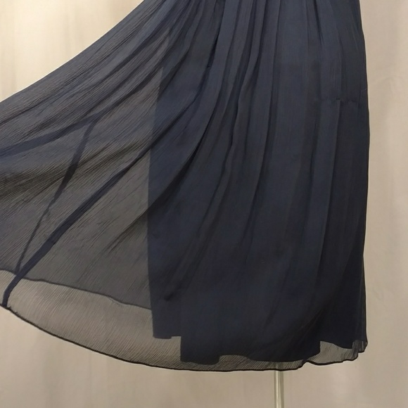 Sexy Silk Mini Dress Sheer Navy Blue Beaded Straps Plunge Neckline Party Evening - Picture 5 of 8